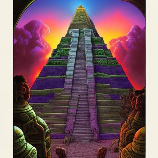 Mayan Pyramid Sacrifice at Sunset: Comic Book Art