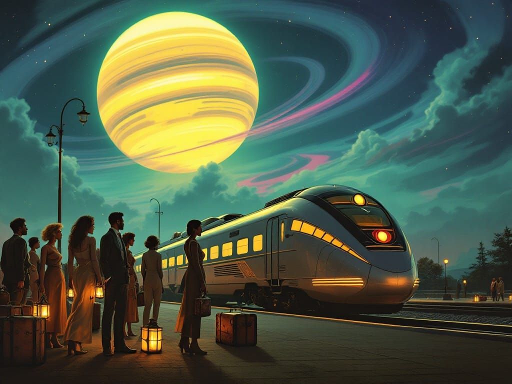 Retro-Futuristic Train Station Scene in Earthy Tones with Ne...