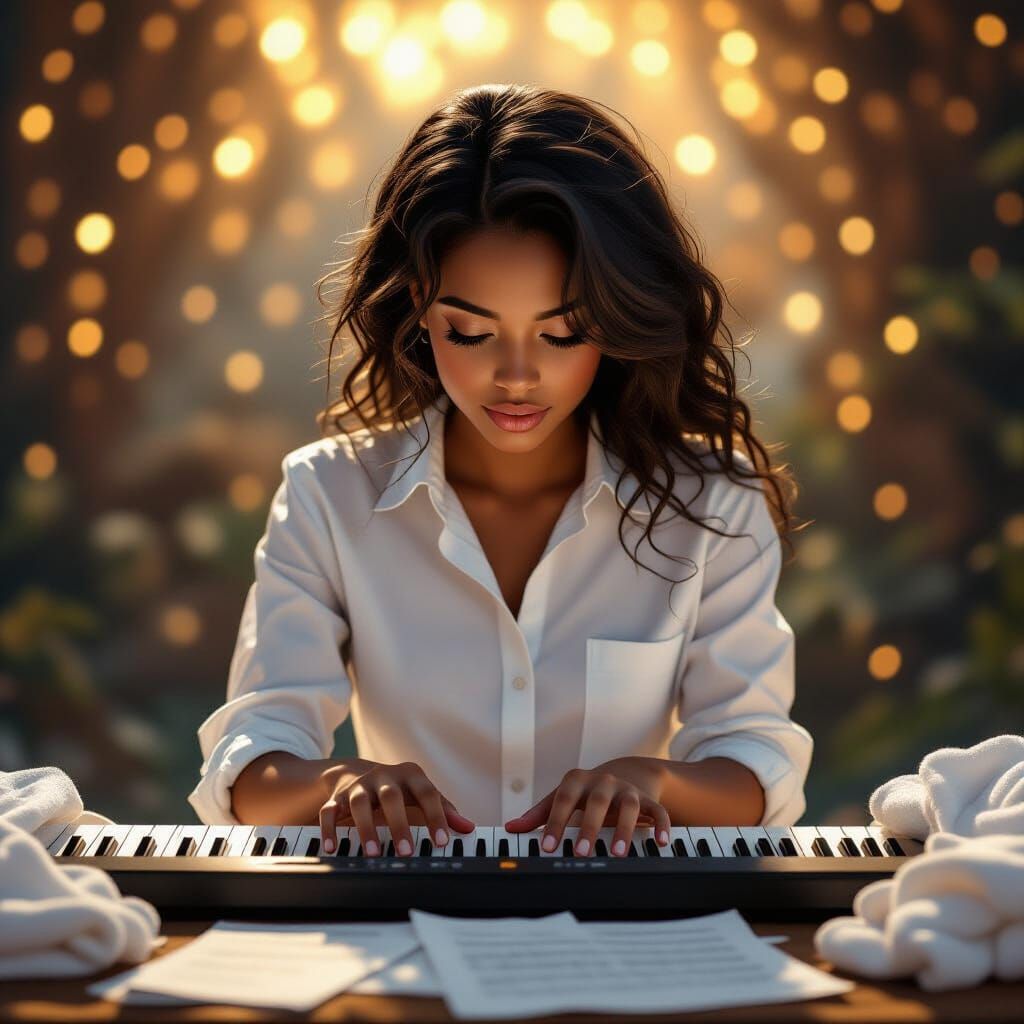 Hyperrealistic Portrait: Girl Playing Keyboard in Fantasy Se...