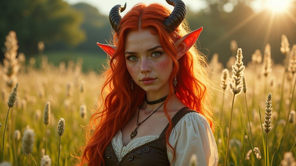 Surreal Tiefling Goddess in Elegant Country Attire Amidst Wh...