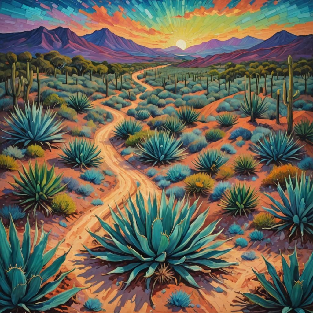 Bioluminescent Agave Field: Neo-Impressionist Oil Painting