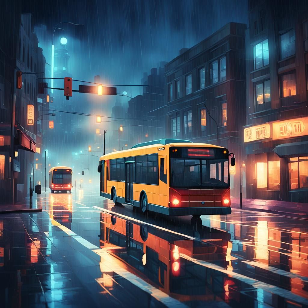 Night Bus on Rainy City Street: Low-Poly 3D Art
