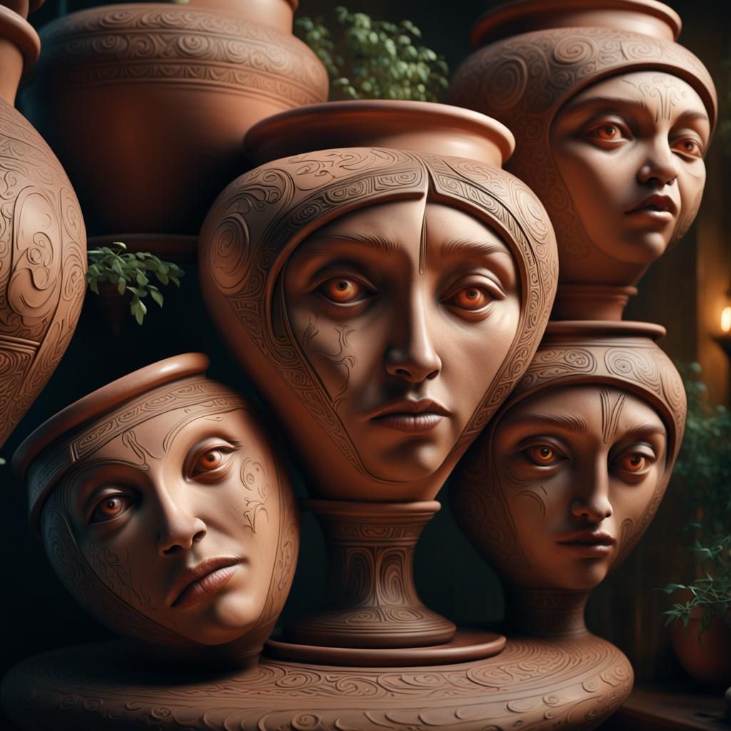 Pottery with Merging Faces in Soft Lighting