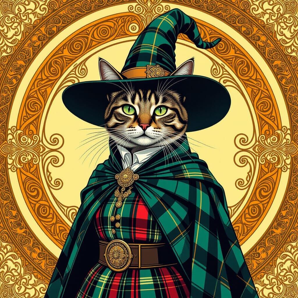 Surreal Tartan Cat in Art Nouveau Style