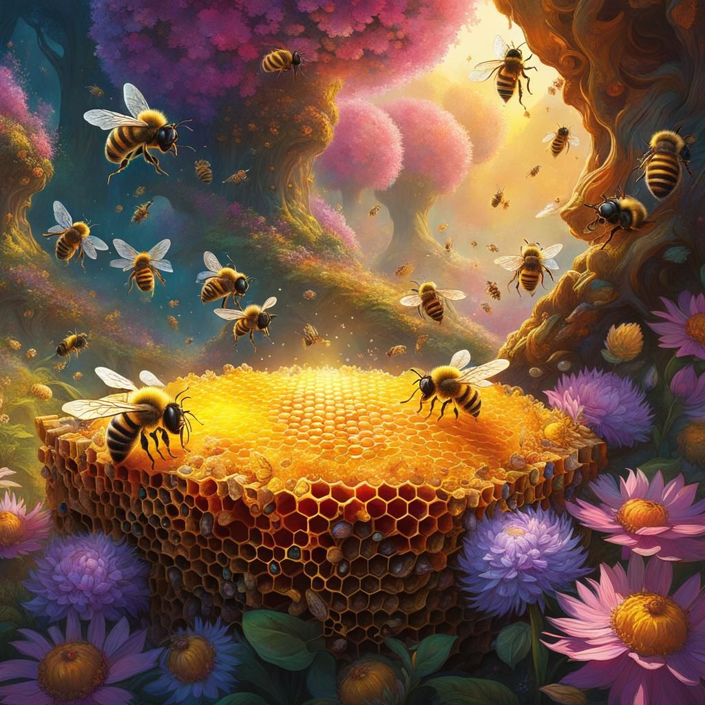 Detailed Honeybees Building a Honeycomb: Fantasy Art