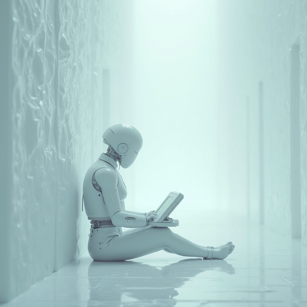 Minimalist Robot in White Void: Glitchpunk Still