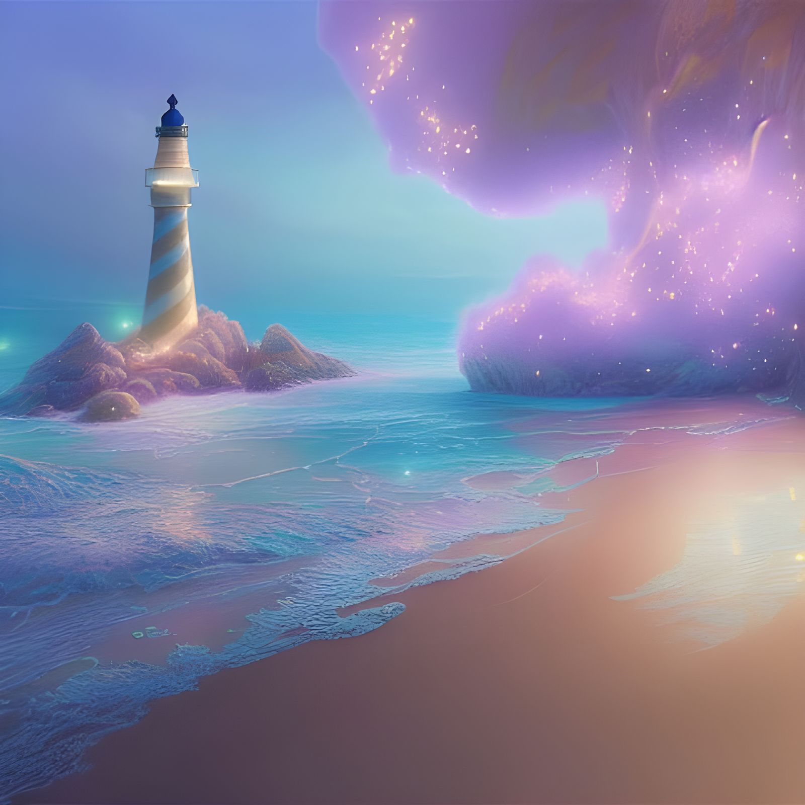 Magical Beach with Crystalline Lighthouse in Pastel Art