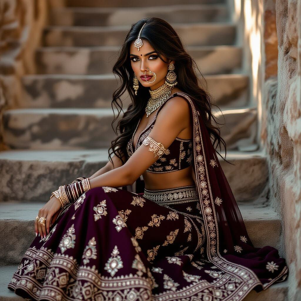 Fierce Indian Model in Embroidered Lehenga