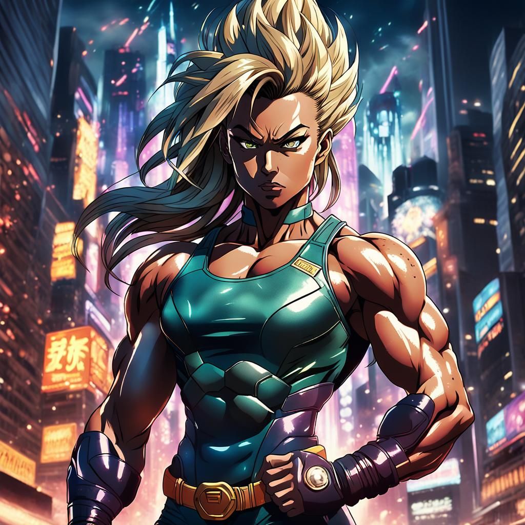 80s Anime Super Saiyan Woman in Metropolis
