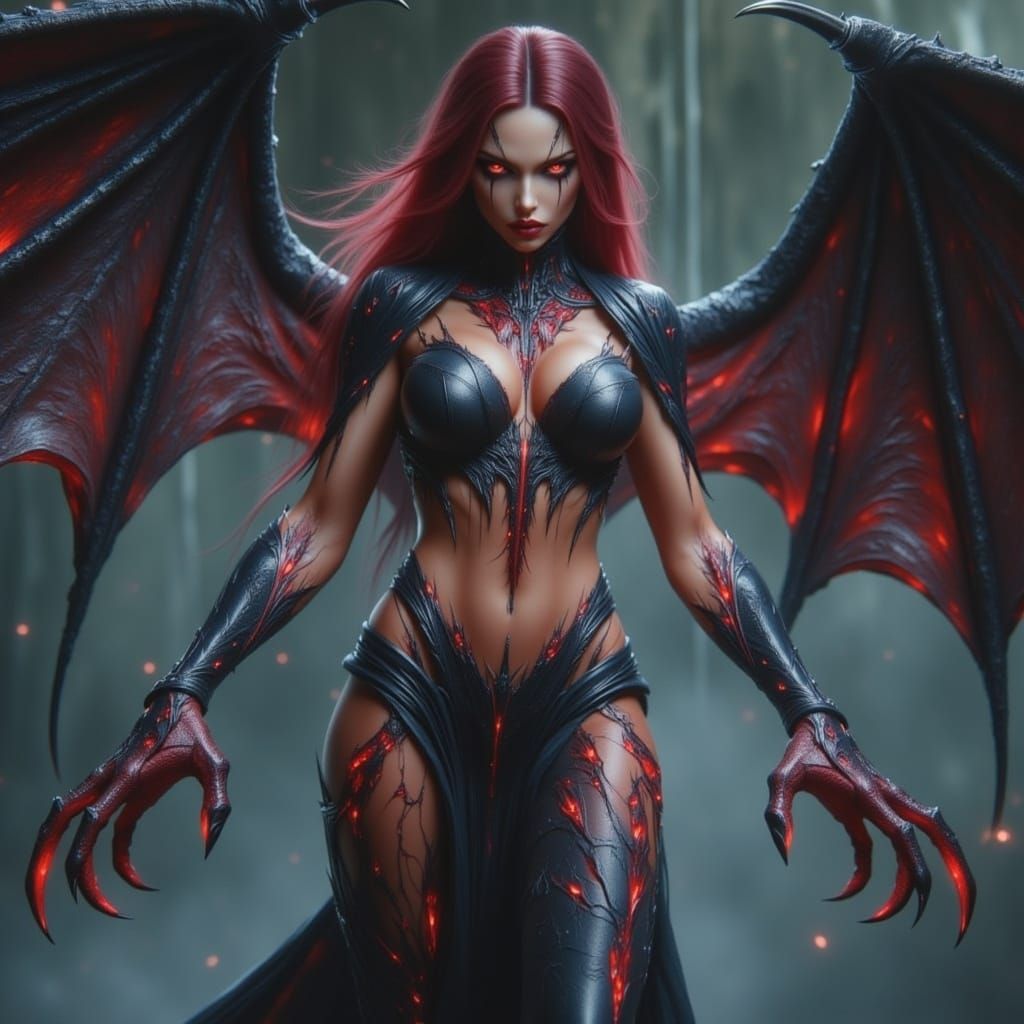 female demon with dragon wings and wickedly clawed hands and feet