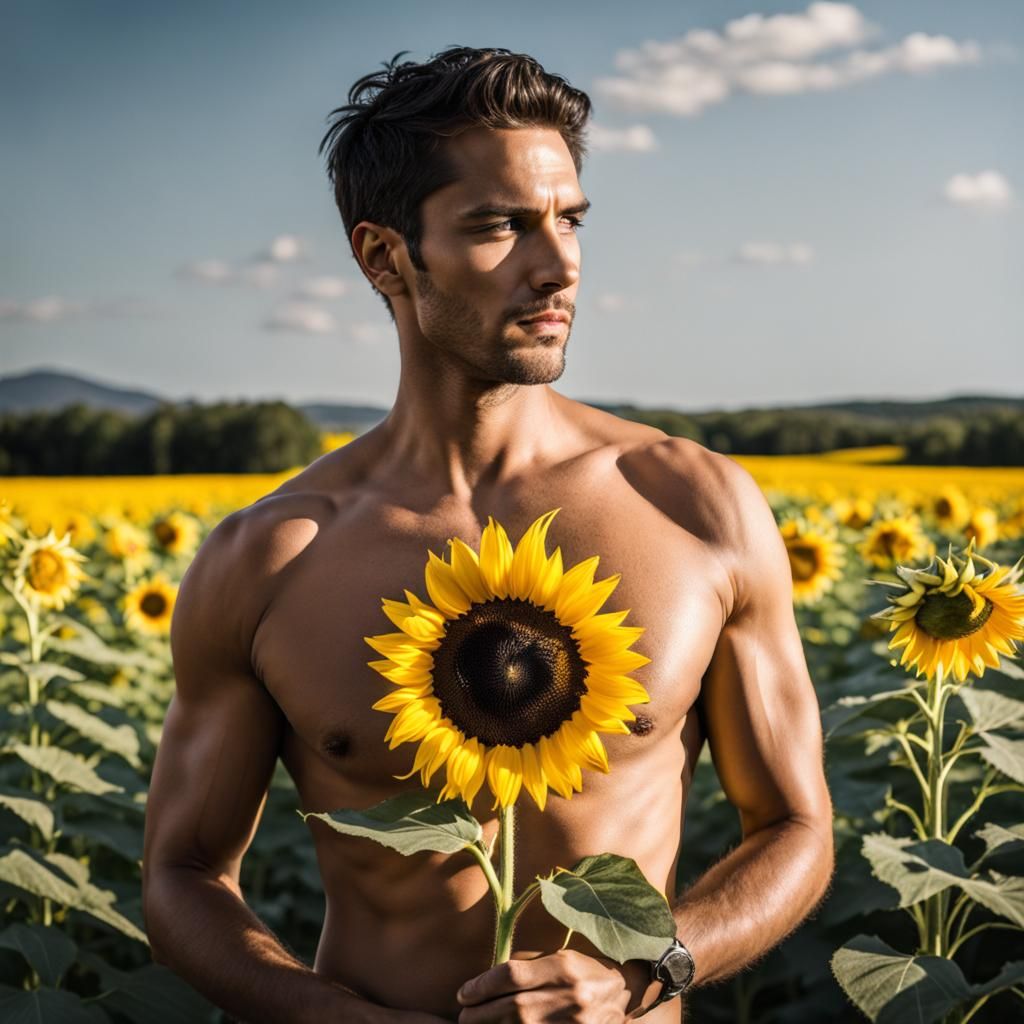 Monochrome Man with Sunflower in Field