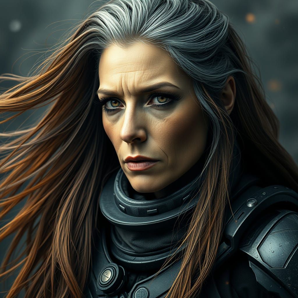 Battle-Hardened Warrior Woman in Cyberpunk Exosuit