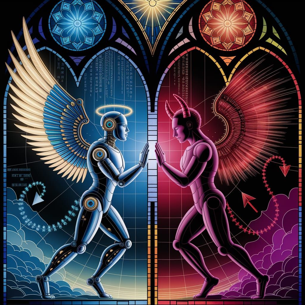 Cyberpunk Angel of Chrome Confronts Digital Devil in Stained...