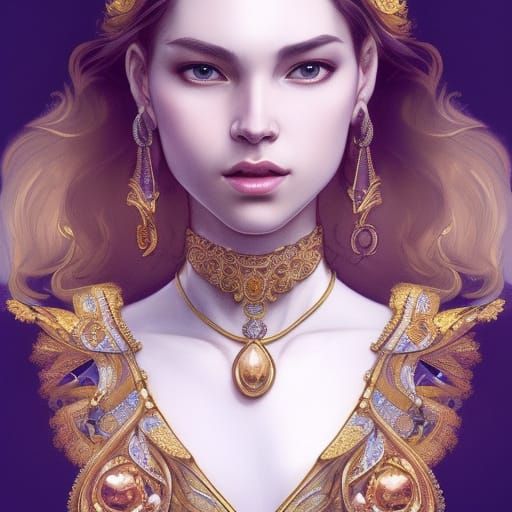 Gold and Silver Jewelry Queen Portrait in Art Nouveau Style