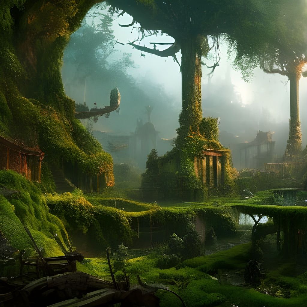 Overgrown buildings covered in vines and moss, post apocalypse