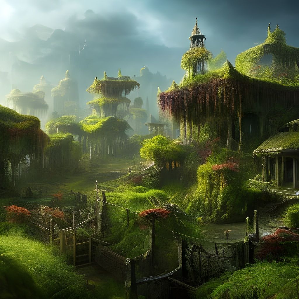 Overgrown buildings covered in vines and moss, post apocalypse