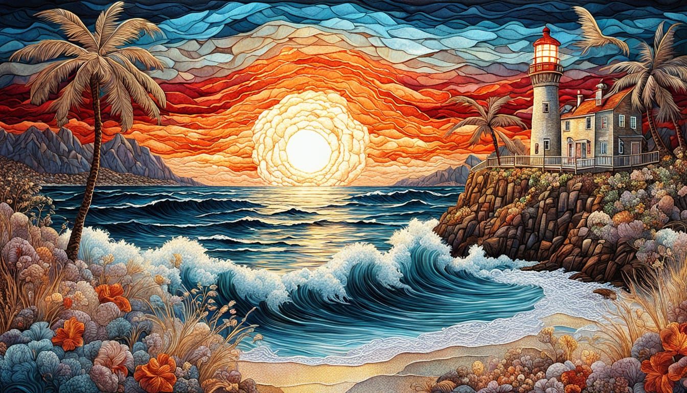Ethereal Textile Seascape with Lighthouse and Sunset