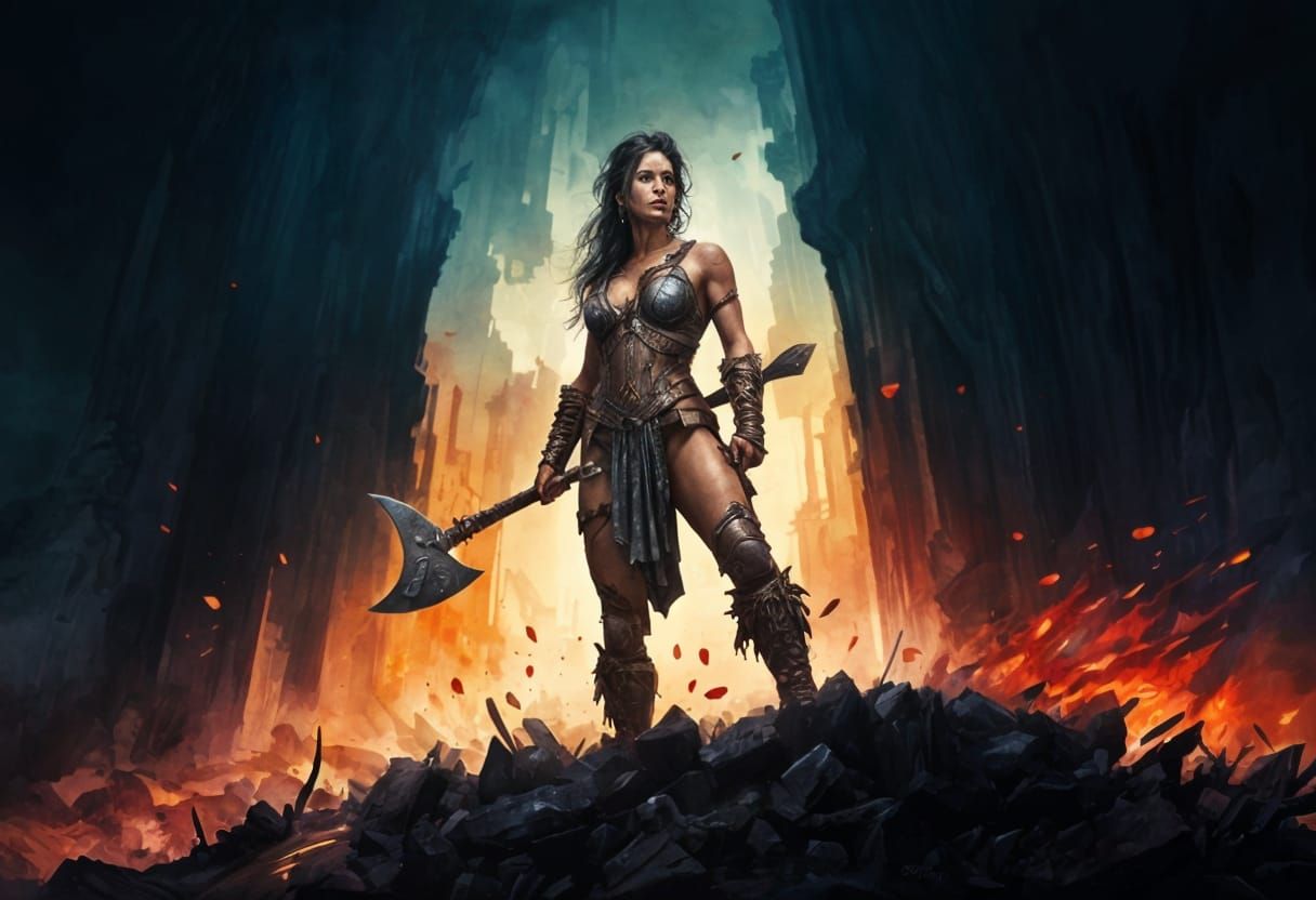 Amazon Warrior with Bloody Axe, Fantasy Art