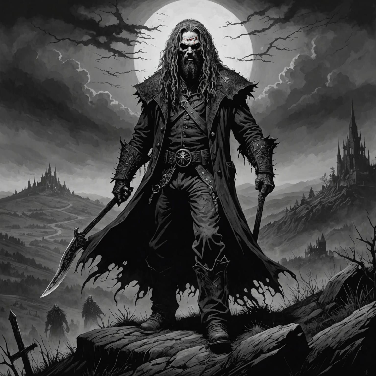 Slasher Villain on a Hill in Dark Gothic Style