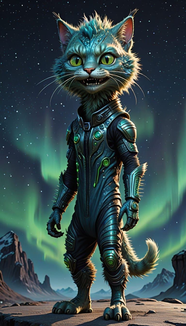 Cybernetic Feline Alien Stands Tall with Shimmering Coat