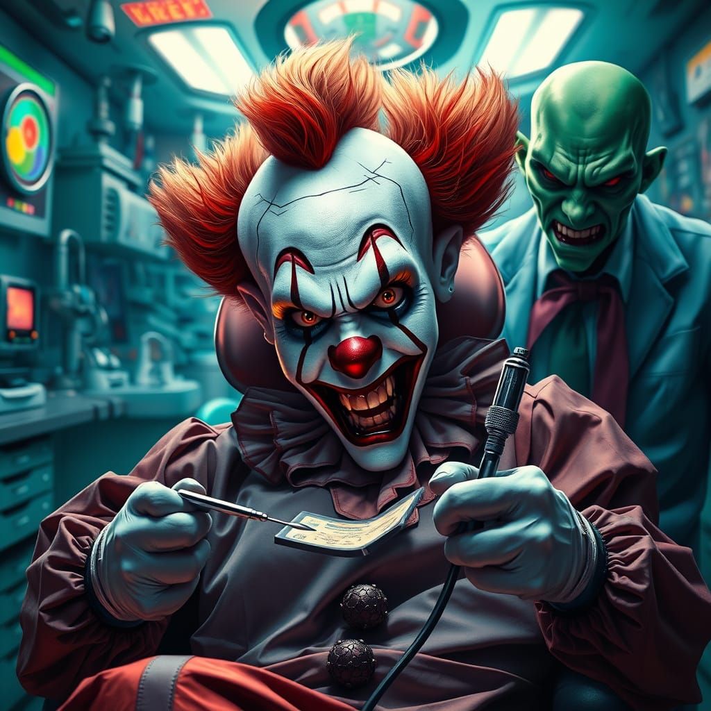 Menacing Clown in a Dental Chair, Confronted by a Twisted Bi...