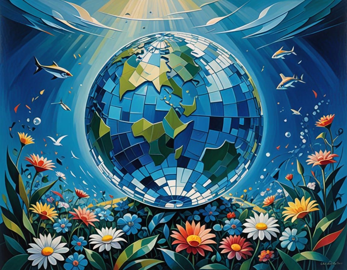Surreal Underwater Earth Globe with Flowers and Peace Symbol...