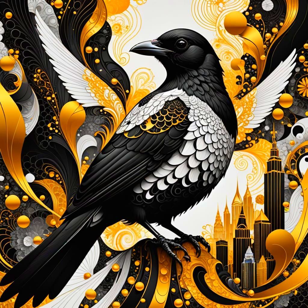 Magpie with Gold Trump Tower, Bill Mayer Style