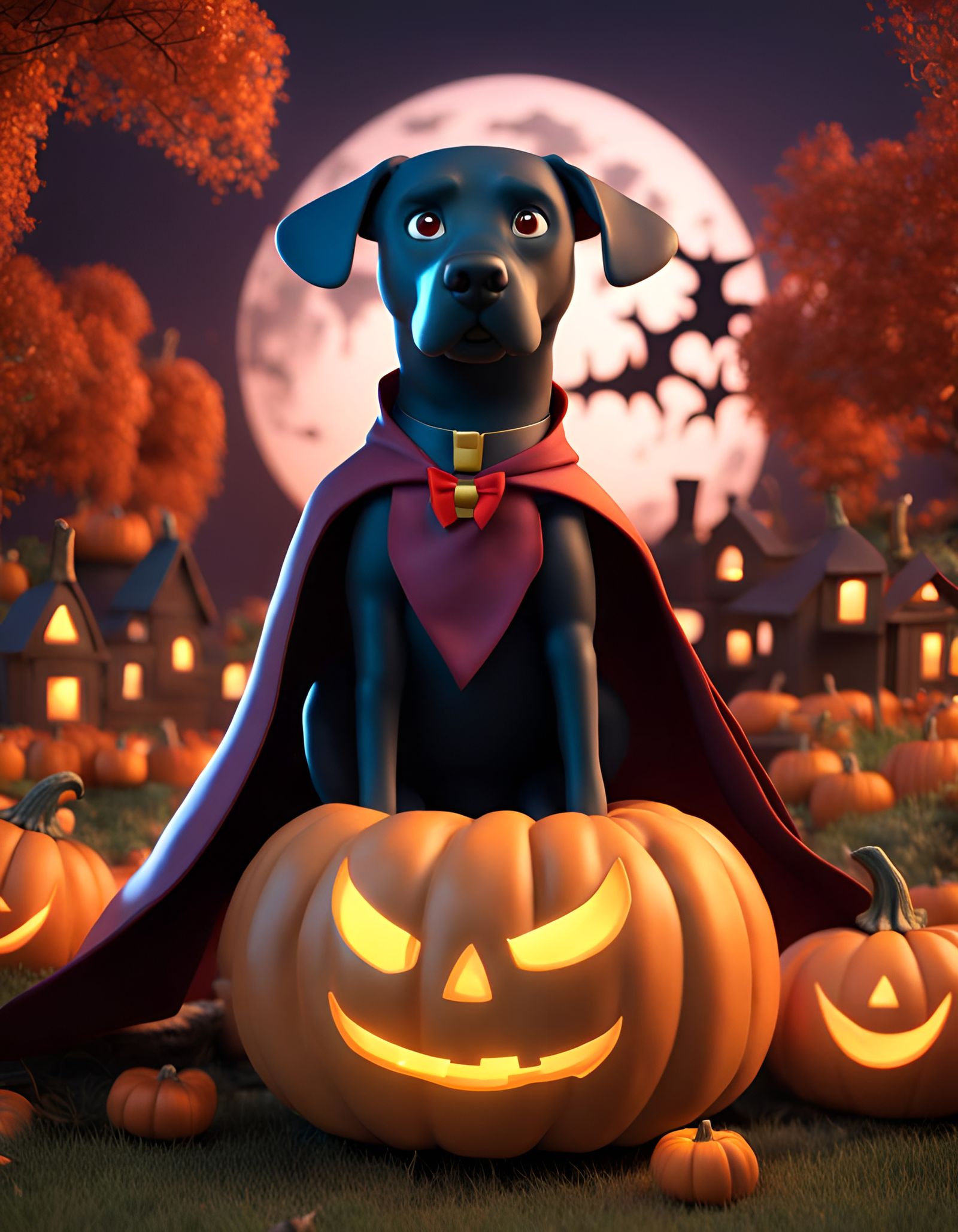 Labrador Vampire in Pumpkin Field, Pixar Style