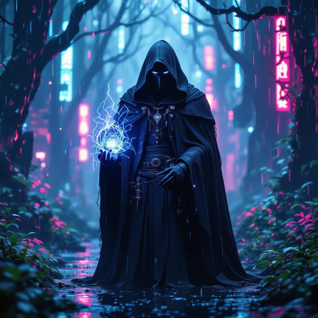 Dark Wizard With Arcane Artifact in Cyberpunk Forest
