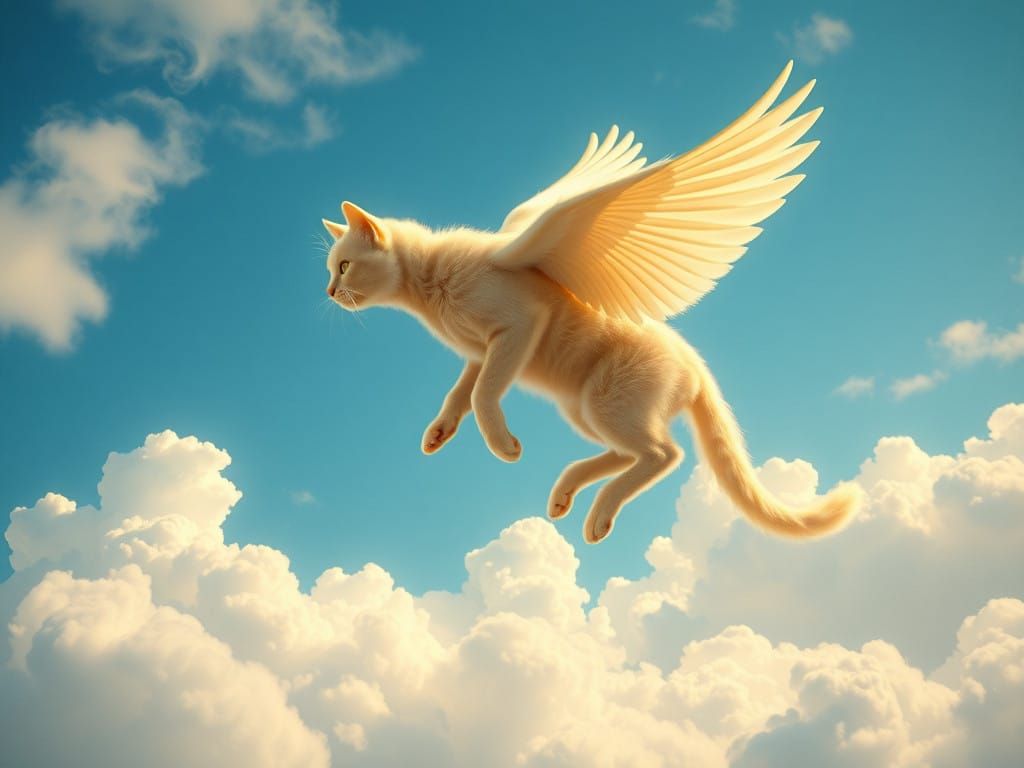 Dreamy Winged Feline in Soft Beige Clouds