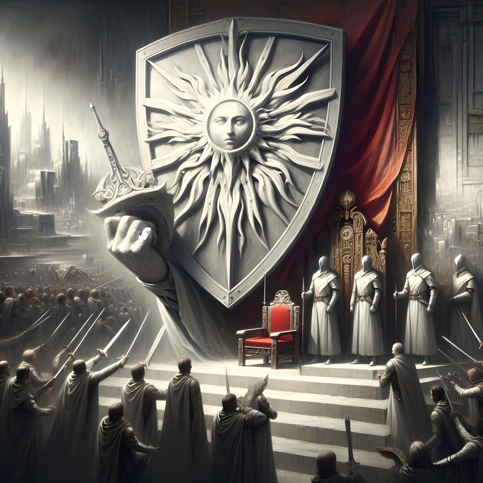 Emblem of Power: Silver Shield on Throne