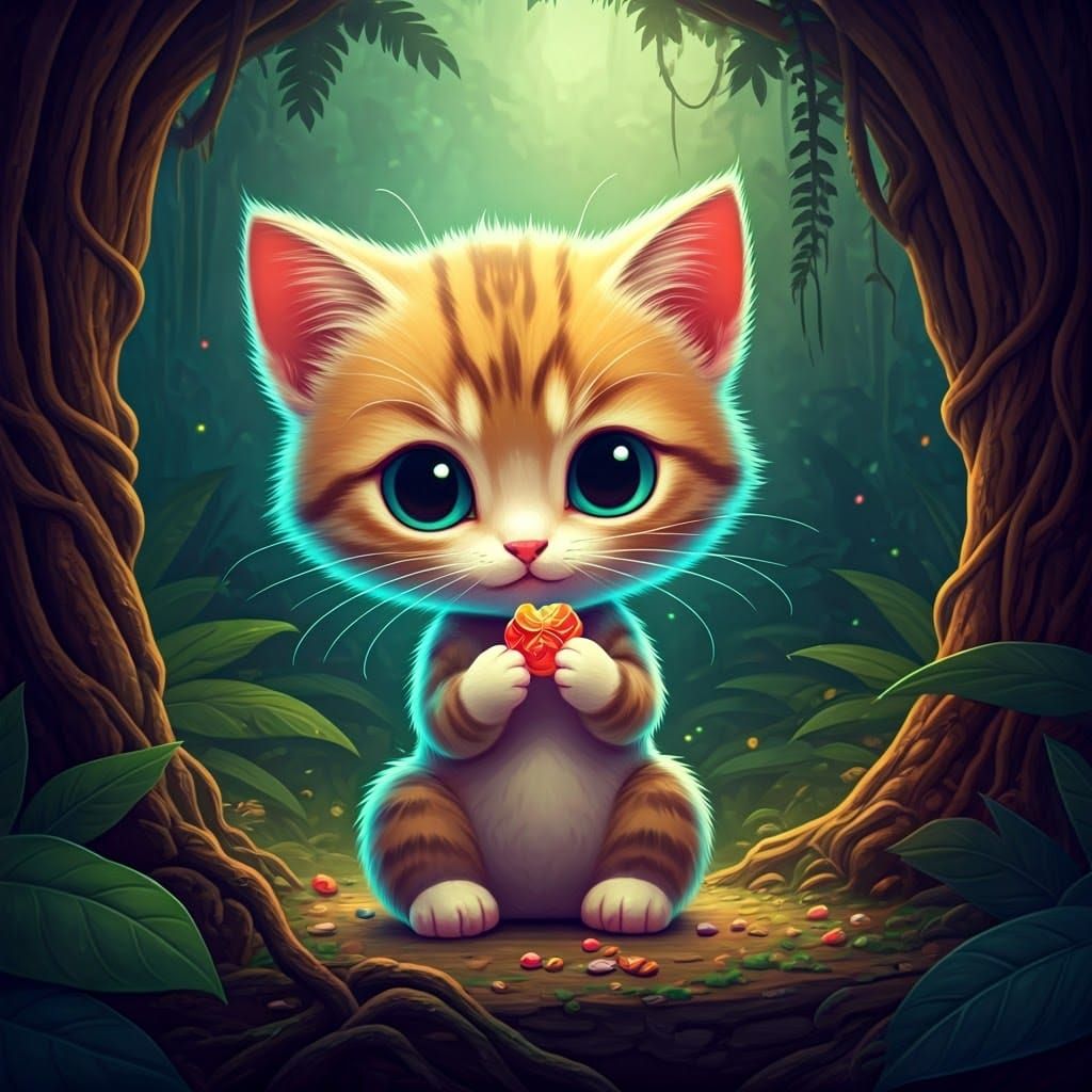 Neon Chibi Kitten in Jungle, Lisa Frank Style
