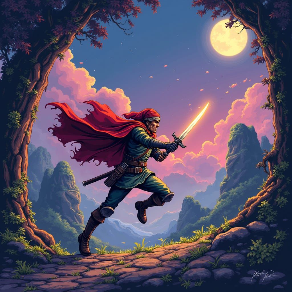 Pixelated Ranger Leaping in a Retro World