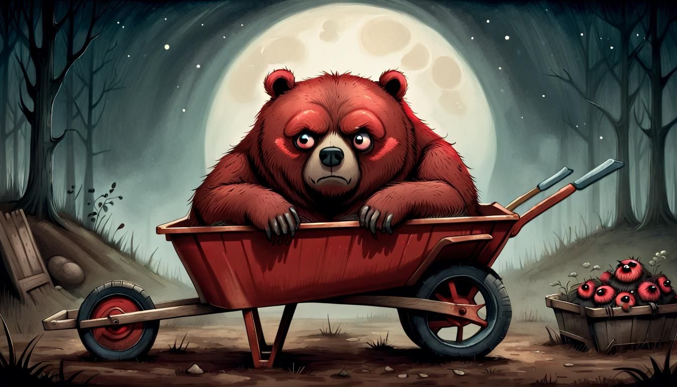 Sleeping Grumpy Bear in Wheelbarrow: Storybook Illustration