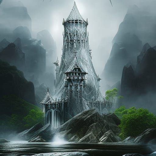 Magic Elven Tower on Raging River as Digital Art