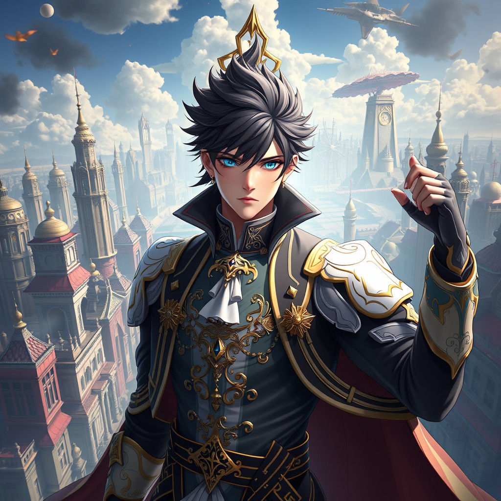 Heroic Anime Character in Fantastical Cityscape