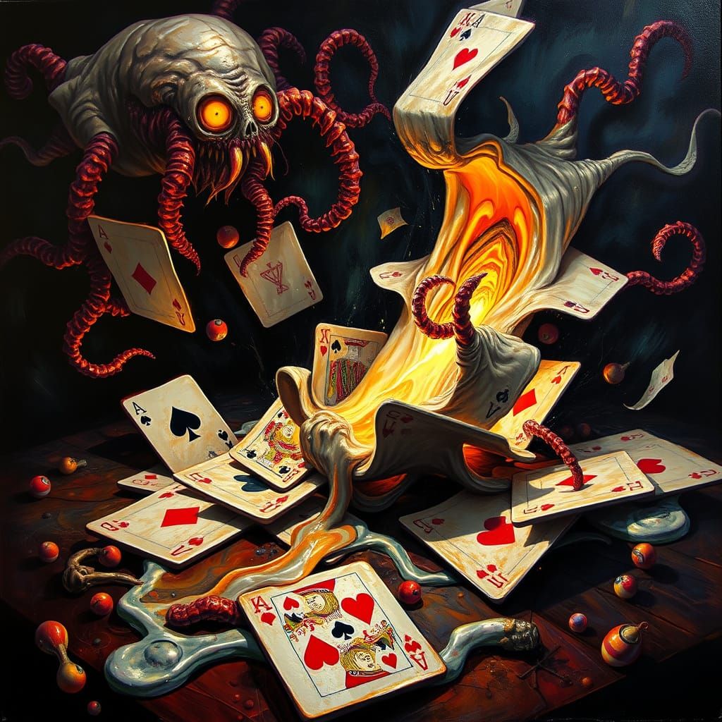 Surrealist Oil Painting of Melting Cards in Frenzied Madness