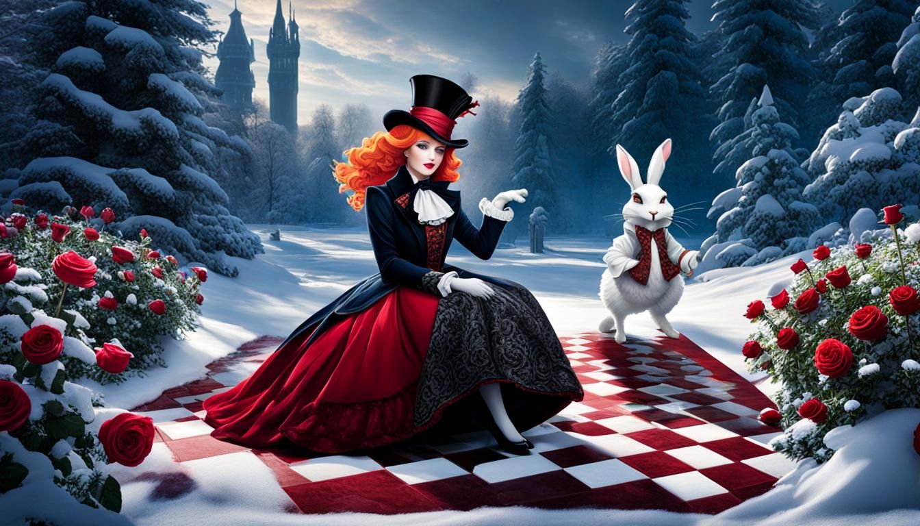 Wonderland in deep winter, Alice , Mad Hatter, White Rabbit, Red Queen, on a snow covered chessboard, surrounded by rose...