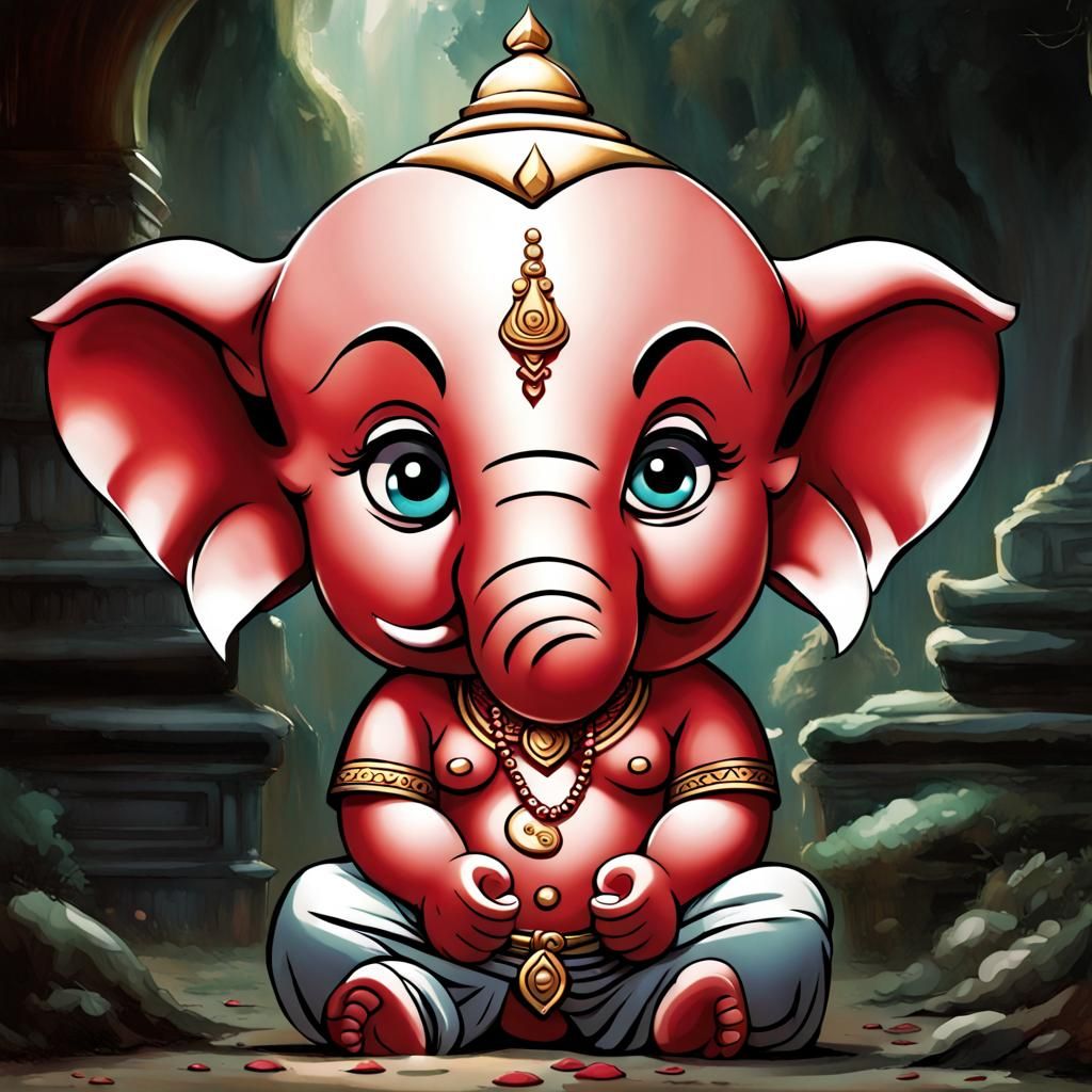 Chibi Ganesh Battling Demons in Ghibli Style