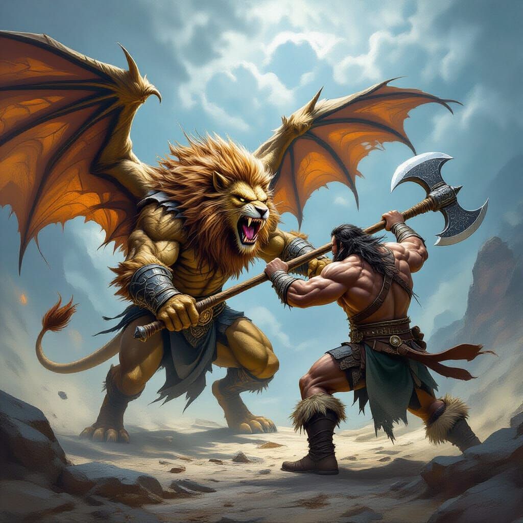 Manticore vs Barbarian in Epic Fantasy Concept Art