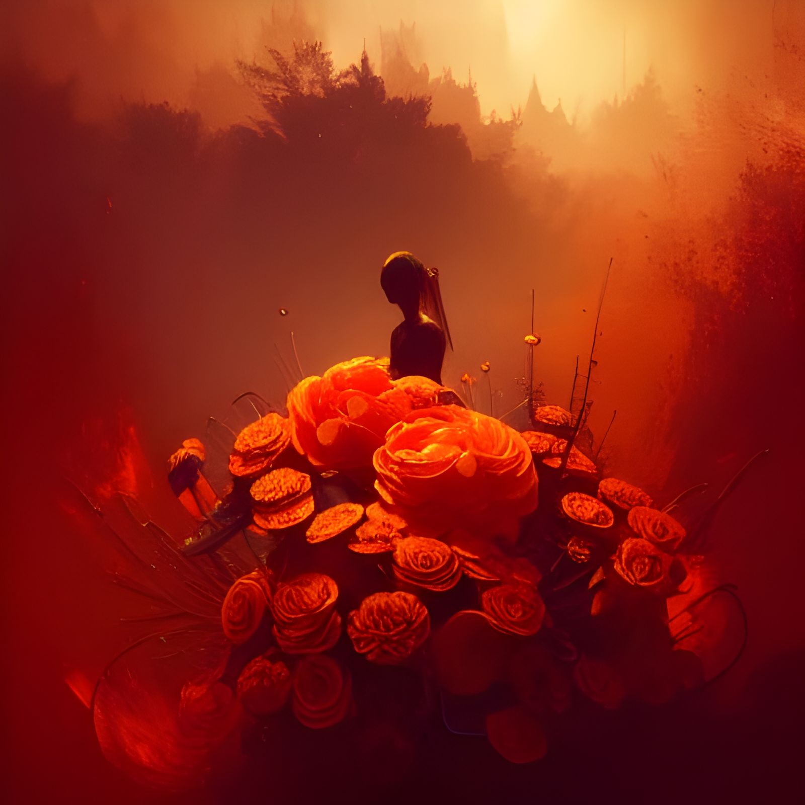 Fiery Dark-Orange Flower Bouquet: Fantasy Art