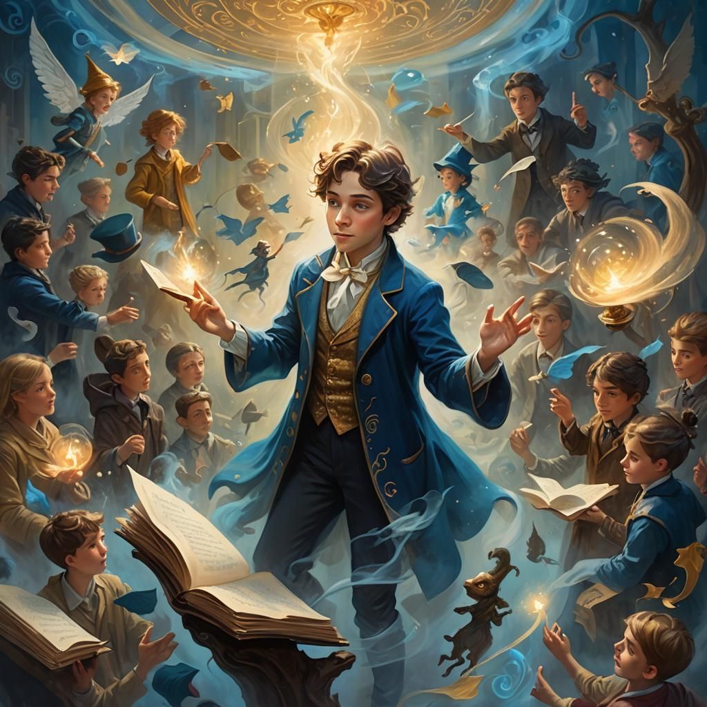 Young Magician Summons Poets in Dreamlike Fantasy Art
