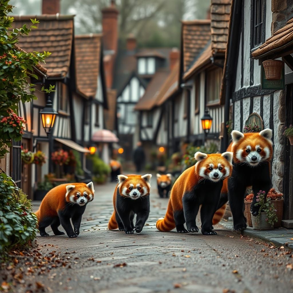 Red Pandas Roam Whimsical English Village Streets