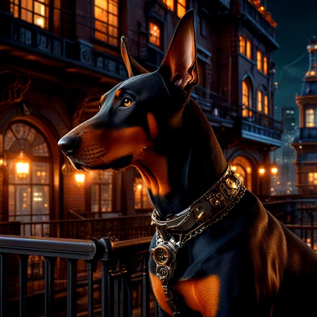 Steampunk Doberman Surveys Neon Cityscape