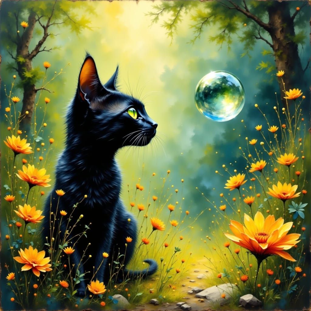 Black Cat Gazing at Bubble in Dreamy Garden