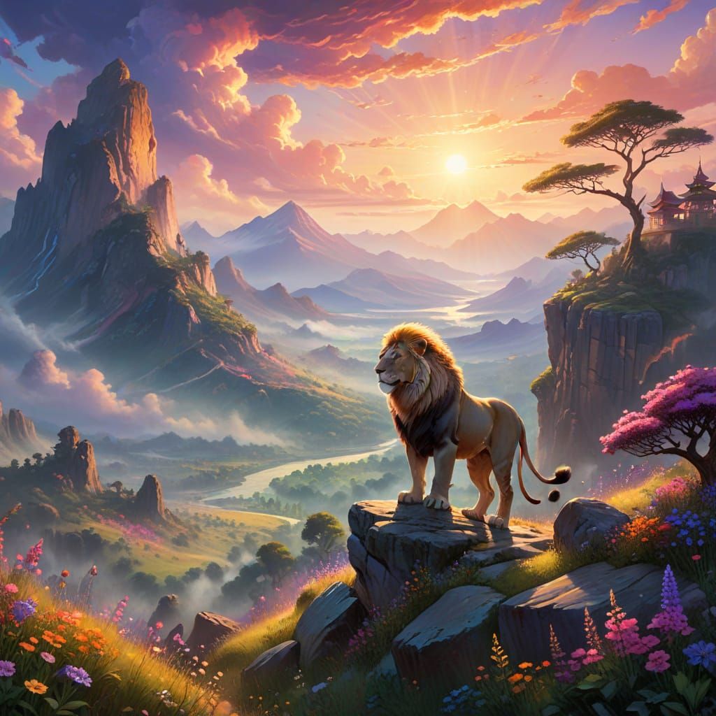 Fantastical Lion Overlooking Misty Sunset Mountains