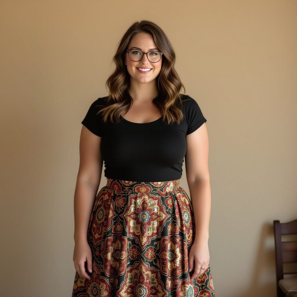 Woman in Paisley Skirt: Vibrant Portrait