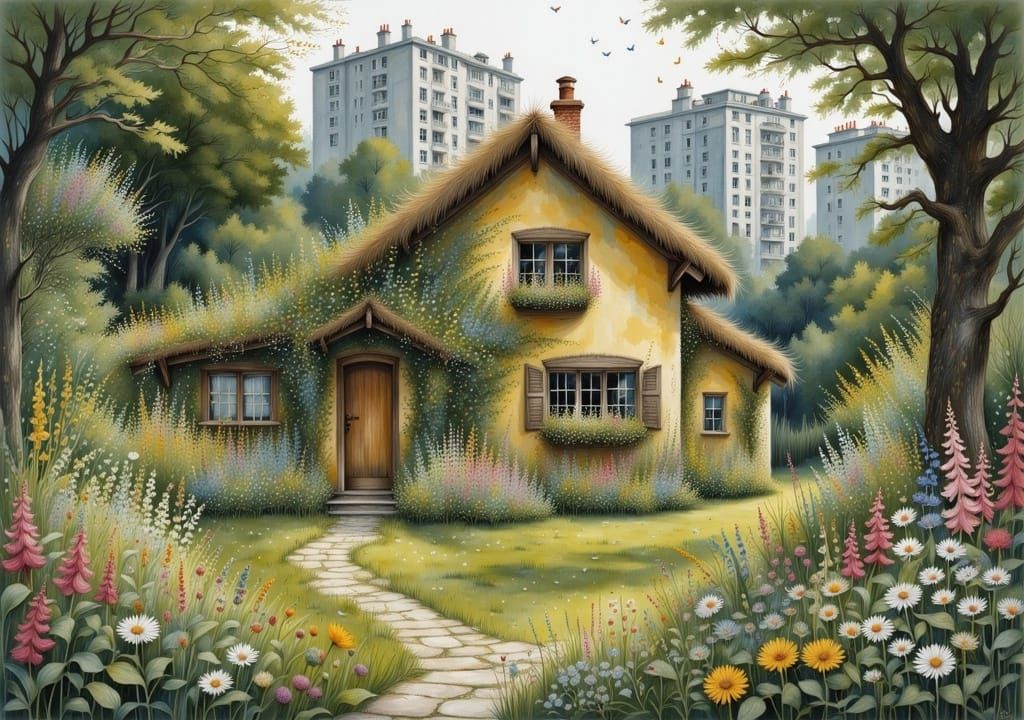 Cottage Garden Contrasts Cityscape in Romantic Style