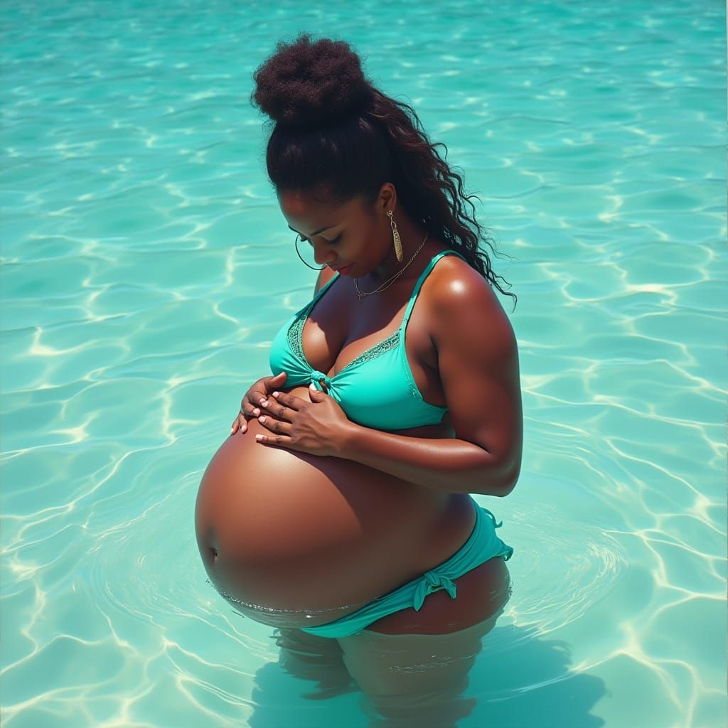 Serene Pregnant Woman in Turquoise Bikini Holding Her Belly ...