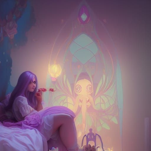 Kawaii Lilac Halloween Bedroom, Hyperdetailed Digital Art